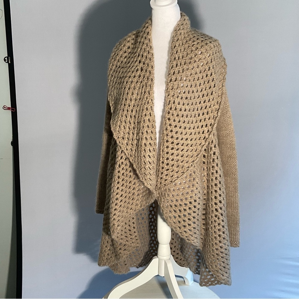 Anthropologie Elsamanda 2X Open Knit Hi/Lo Taupe Cardigan with Shawl Collar - Picture 15 of 16